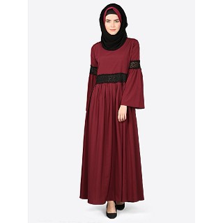 Umbrella abaya with lace work at waist and sleeves- Maroon and Black